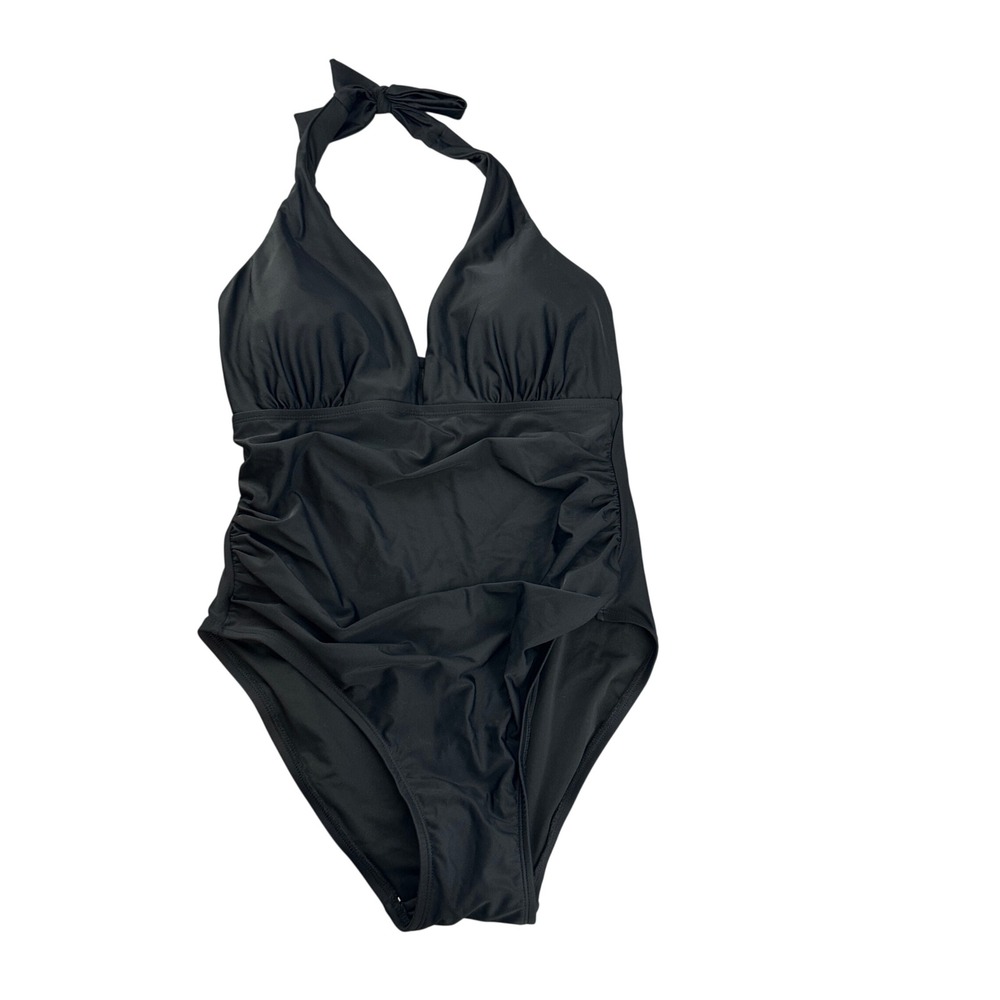DKNY Black Tummy Control Halter One Piece Swimsuit XXL NWT Minimalist. Padded